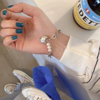 Heart Pendant Freshwater Pearl Bracelet Silver - One Size