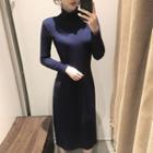 Long-sleeve Plain Midi A-line Dress
