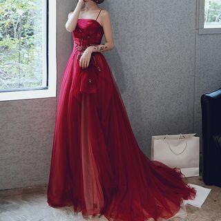 Spaghetti Strap Rhinestone A-line Mesh Evening Gown