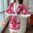 Flared-sleeve Flower Print Mini Sheath Dress