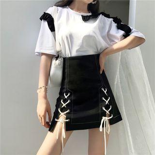 Color-block Frilled Short-sleeve T-shirt / High-waist Lace-up Skirt
