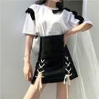 Color-block Frilled Short-sleeve T-shirt / High-waist Lace-up Skirt