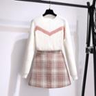 Two-tone Sweater / Plaid Mini A-line Skirt / Set