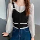 Two-tone Button-up Knit Camisole Top / Long-sleeve Round Neck Blouse
