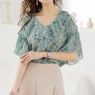 Printed Ruffle Trim Elbow-sleeve Top