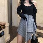 Cold-shoulder V-neck Blouse / Plaid Asymmetrical Mini Skirt