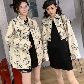 Printed Jacket / Long-sleeve Cold-shoulder Top / Short-sleeve T-shirt / Set