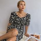 Side-slit Daisy-print Mini Dress