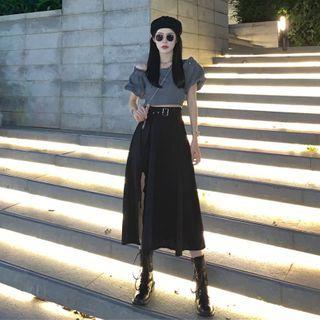 Short-sleeve Blouse / Slit Midi A-line Skirt