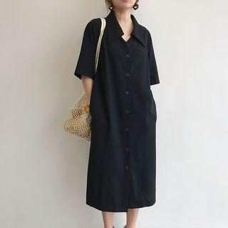 Single-breasted Elbow-sleeve Midi Shirtdress