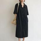 Single-breasted Elbow-sleeve Midi Shirtdress