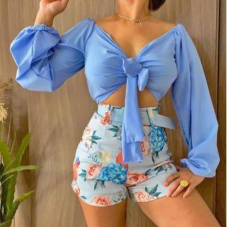 Set: Short-sleeve V-neck Crop Top + High Waist Shorts + Belt