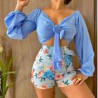 Set: Short-sleeve V-neck Crop Top + High Waist Shorts + Belt