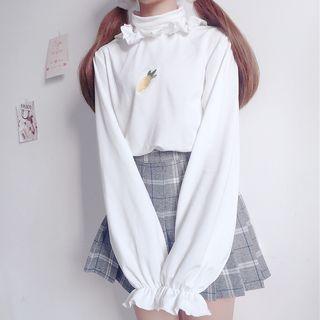 Embroidered Long-sleeve Mock Neck Frill Trim Top