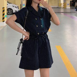 Pinstriped Short-sleeve Double-breasted Playsuit