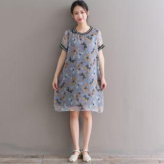 Short-sleeve Butterfly Print Chiffon Dress