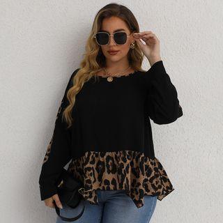 Plus Size Long-sleeve Leopard Print Panel Top