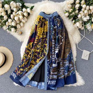 Print Midi A-line Skirt Yellow & Brown - One Size