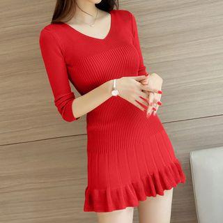 3/4-sleeve A-line Mini Knit Dress