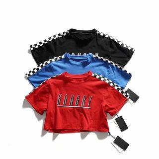 Short-sleeve Plaid Panel Cropped T-shirt