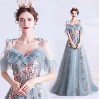 Cold Shoulder Floral Applique Ruffled Mesh A-line Gown
