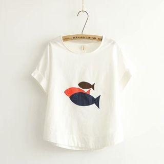 Short-sleeve Fish Embroidered T-shirt White - One Size