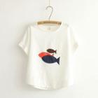 Short-sleeve Fish Embroidered T-shirt White - One Size