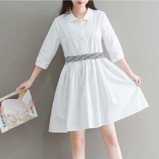 White Cotton Linen Elbow-sleeve Dress