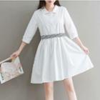 White Cotton Linen Elbow-sleeve Dress