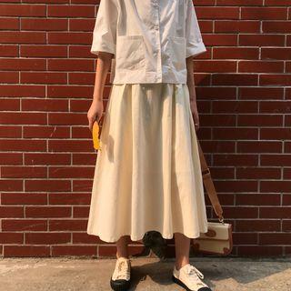 Plain High-waist Midi A-line Skirt
