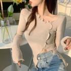 Long-sleeve Frill Trim Cropped Knit Top Almond - One Size