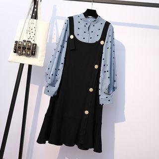 Set: Dotted Blouse + Button Detail Pinafore Dress