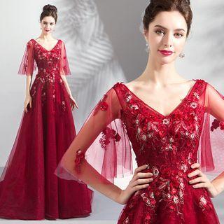 Floral Embroidered A-line Mesh Evening Gown