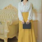 Set: Lantern-sleeve Tie-neck Blouse + Midi A-line Skirt