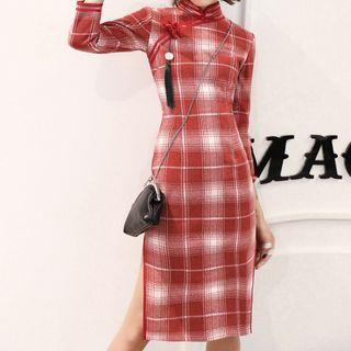 Long-sleeve Plaid Qipao Dress