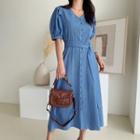 Buttoned Long Chambray Dress With Sash