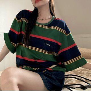 Elbow-sleeve Striped T-shirt Stripes - Green & Blue - One Size