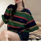 Elbow-sleeve Striped T-shirt Stripes - Green & Blue - One Size