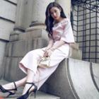Set: Off-shoulder Beaded Cropped Top + Wide-leg Cropped Pants