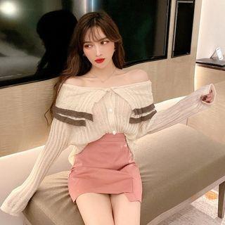 Off-shoulder Ribbed Cardigan / Patent A-line Skirt