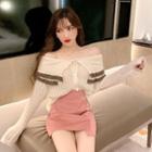 Off-shoulder Ribbed Cardigan / Patent A-line Skirt