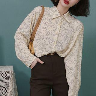 Long-sleeve Polo-collar Floral Chiffon Shirt