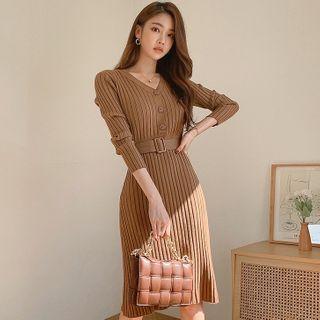 Long-sleeve Button-up Knit Bodycon Dress