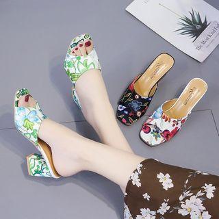 Faux Leather Leaf Print Block Heel Mules