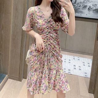 Flower Print Drawstring Elbow-sleeve Chiffon Dress