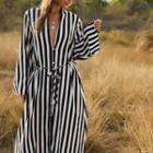 Bell-sleeve V-neck Striped Button Sundress
