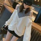 Striped Panel Cold-shoulder Pullover Striped & Off White - One Size