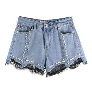 Distressed Beaded Lace Panel Denim Shorts