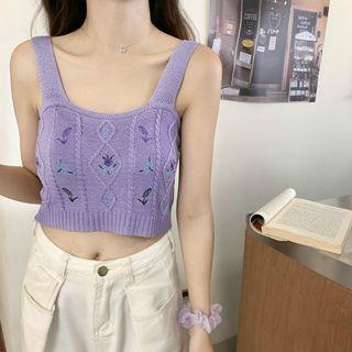 Sleeveless Embroidered Cropped Knit Top