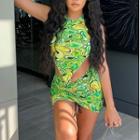 Set: Printed Cropped Halter Top + Drawstring Mini Pencil Skirt